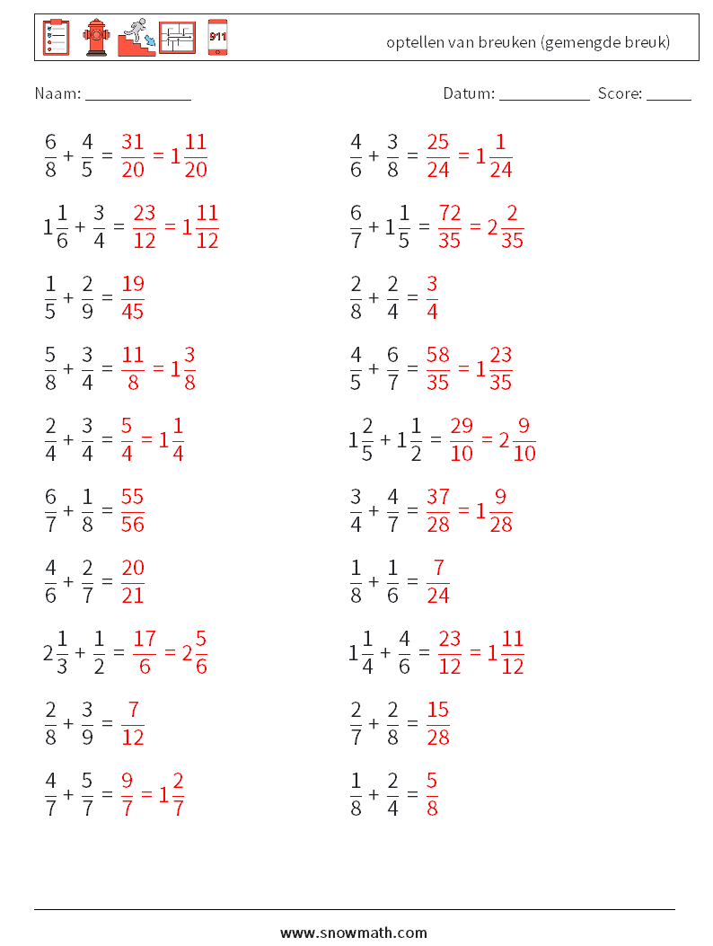 (20) optellen van breuken (gemengde breuk) Wiskundige werkbladen 4 Vraag, Antwoord
