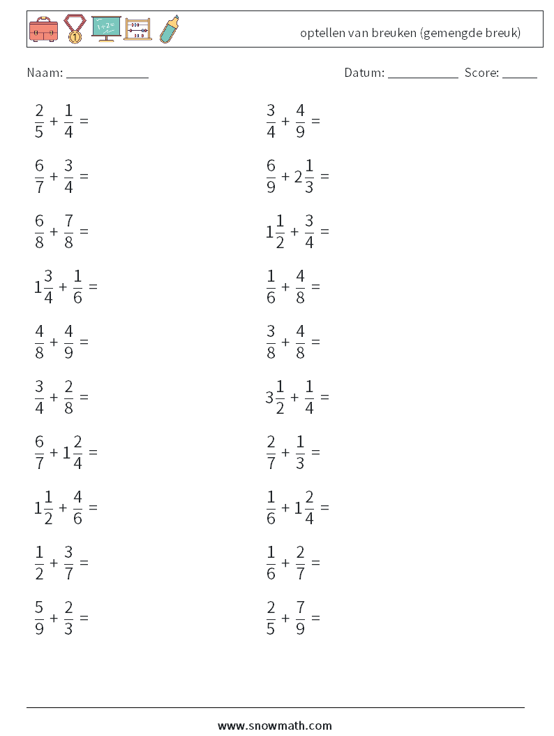 (20) optellen van breuken (gemengde breuk) Wiskundige werkbladen 5
