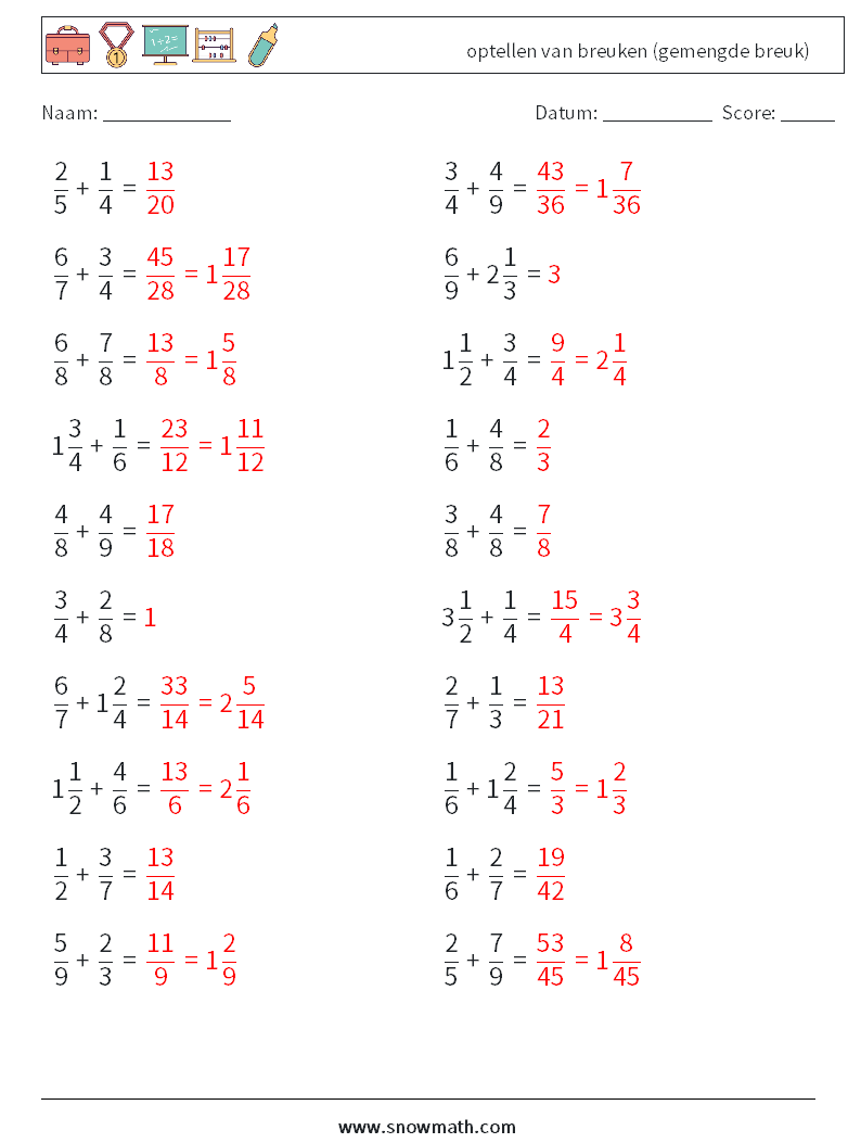(20) optellen van breuken (gemengde breuk) Wiskundige werkbladen 5 Vraag, Antwoord