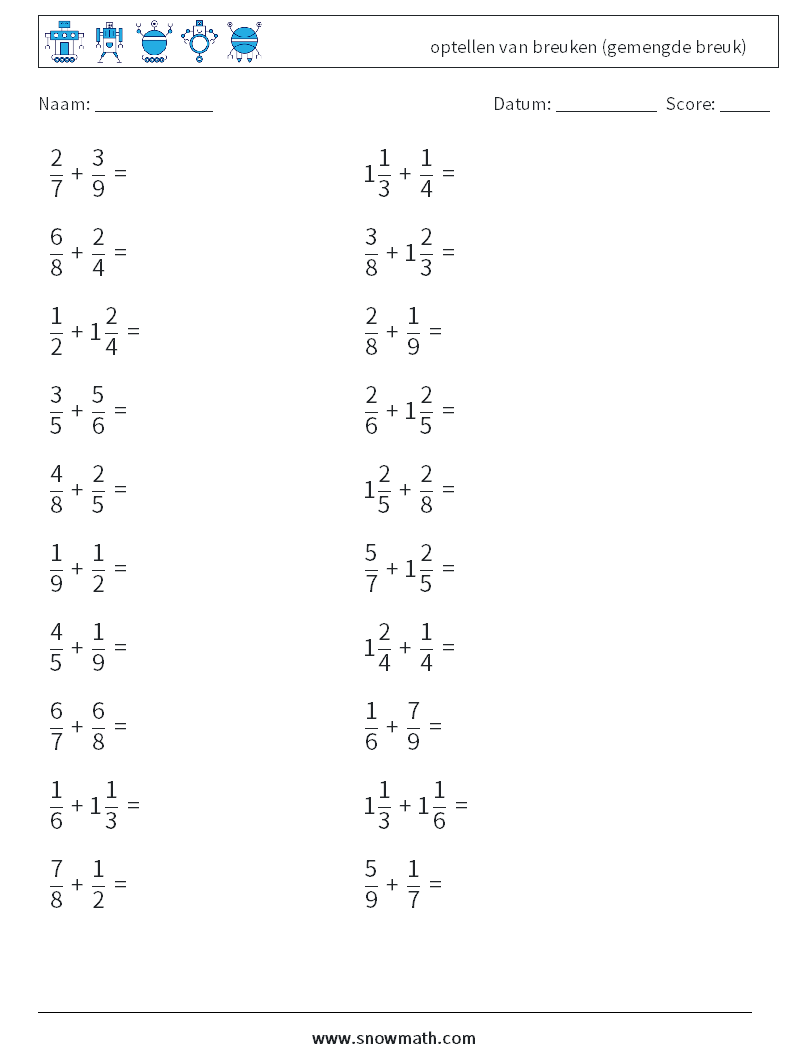 (20) optellen van breuken (gemengde breuk) Wiskundige werkbladen 6