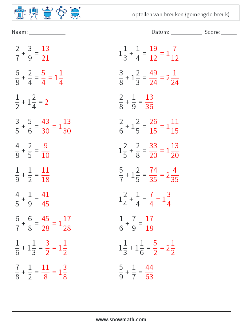 (20) optellen van breuken (gemengde breuk) Wiskundige werkbladen 6 Vraag, Antwoord