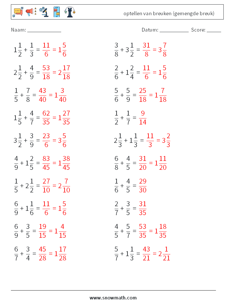 (20) optellen van breuken (gemengde breuk) Wiskundige werkbladen 7 Vraag, Antwoord