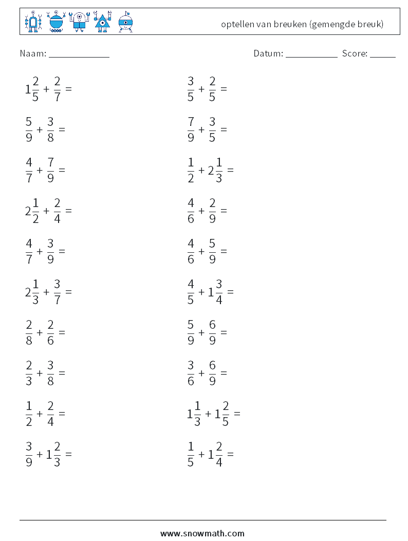 (20) optellen van breuken (gemengde breuk) Wiskundige werkbladen 8