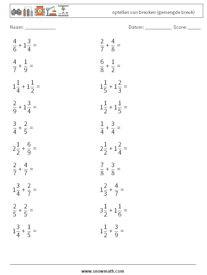 (20) optellen van breuken (gemengde breuk) Wiskundige werkbladen 9