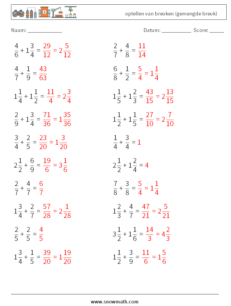 (20) optellen van breuken (gemengde breuk) Wiskundige werkbladen 9 Vraag, Antwoord