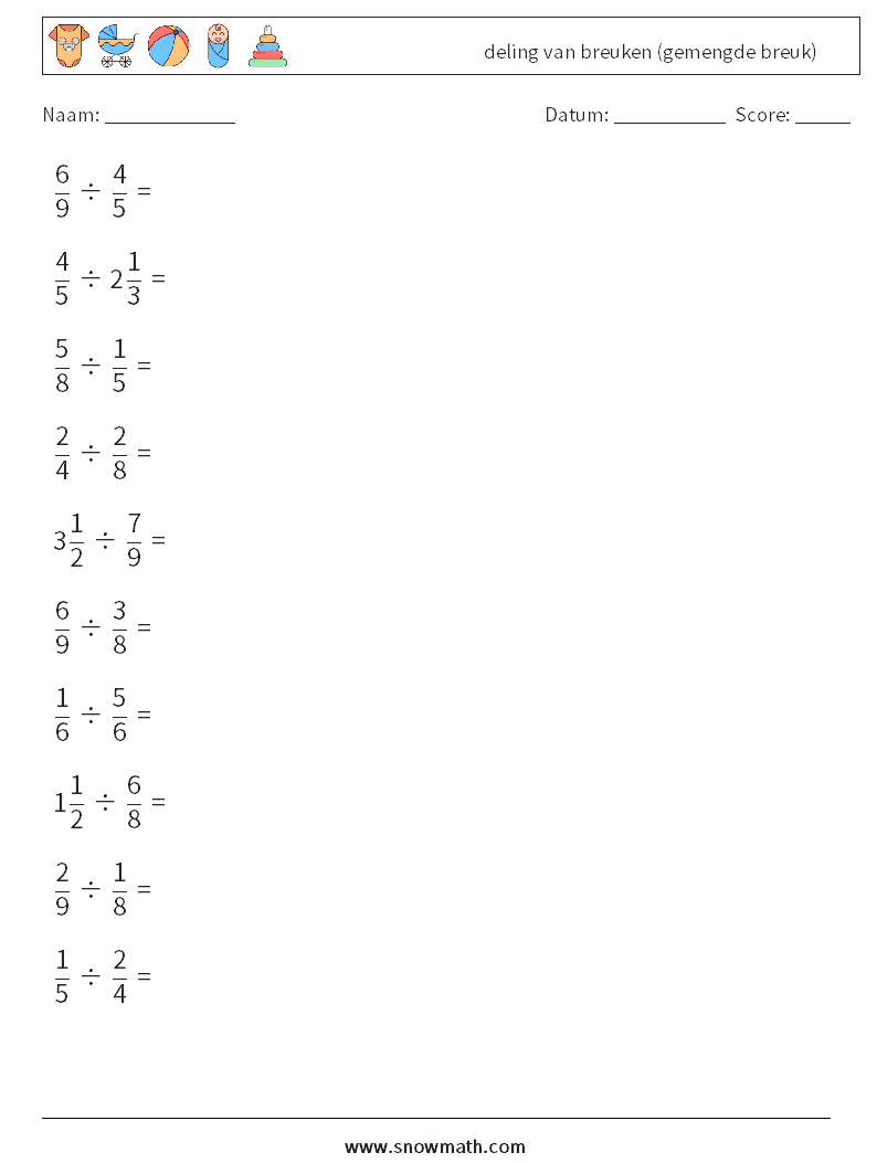 (10) deling van breuken (gemengde breuk) Wiskundige werkbladen 10