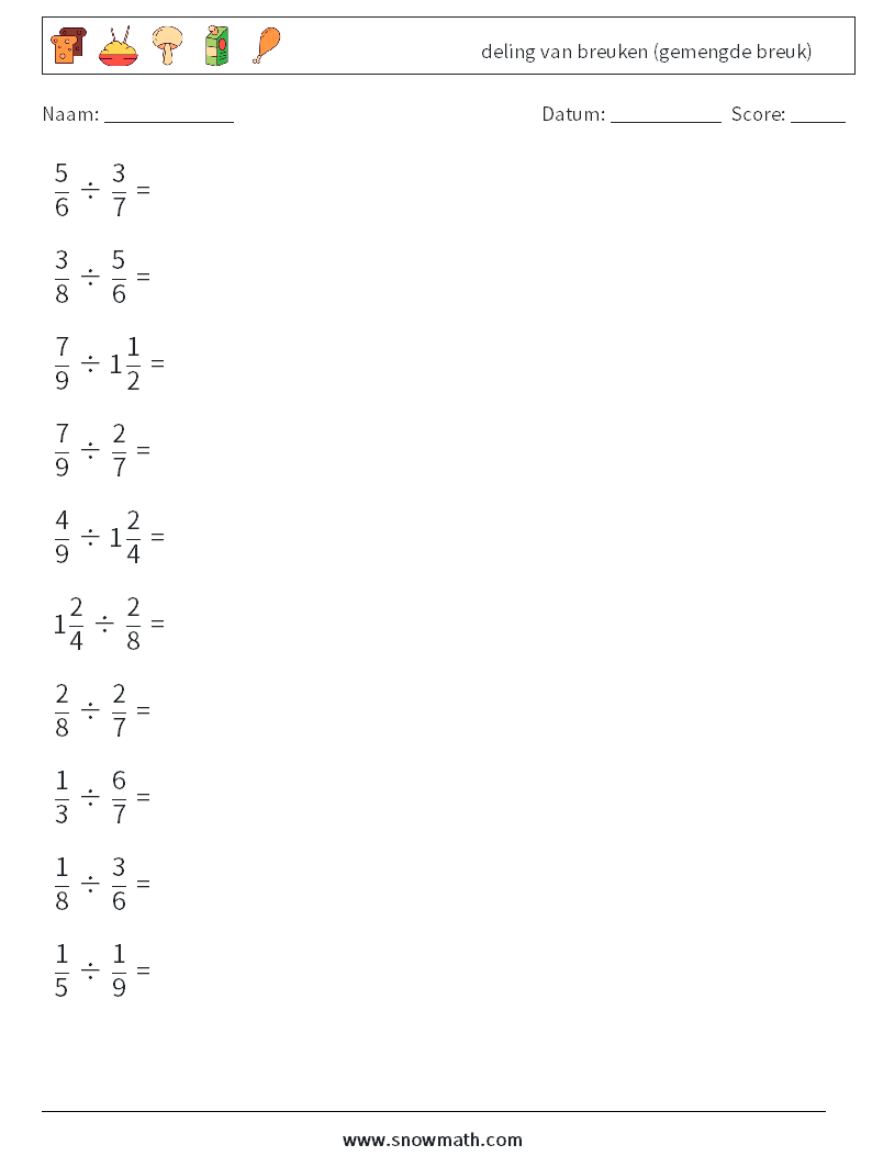 (10) deling van breuken (gemengde breuk) Wiskundige werkbladen 11