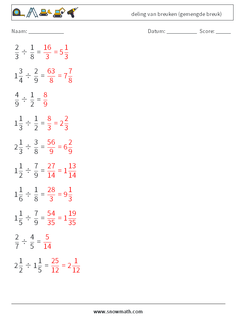 (10) deling van breuken (gemengde breuk) Wiskundige werkbladen 12 Vraag, Antwoord