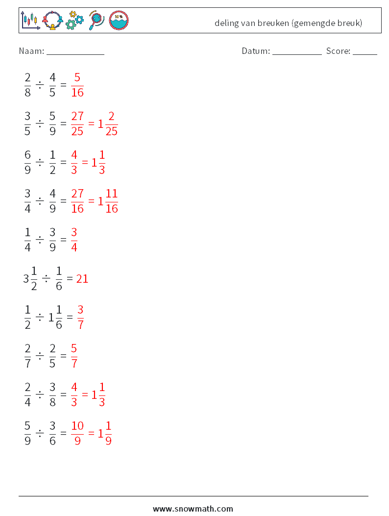 (10) deling van breuken (gemengde breuk) Wiskundige werkbladen 13 Vraag, Antwoord