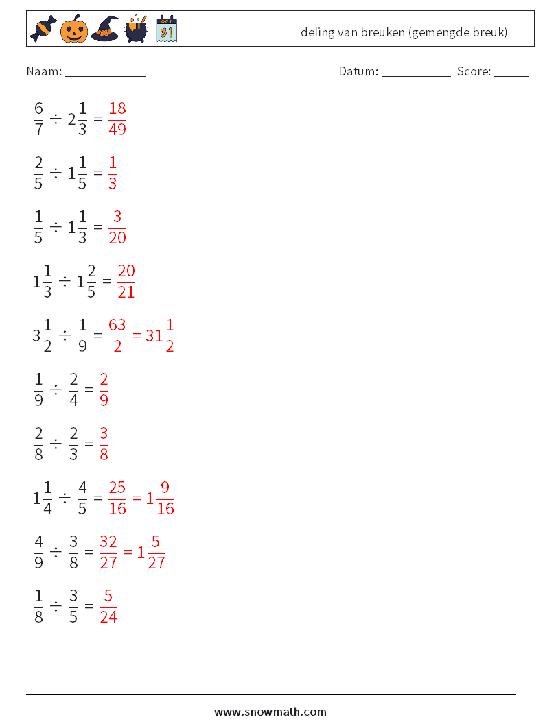 (10) deling van breuken (gemengde breuk) Wiskundige werkbladen 16 Vraag, Antwoord