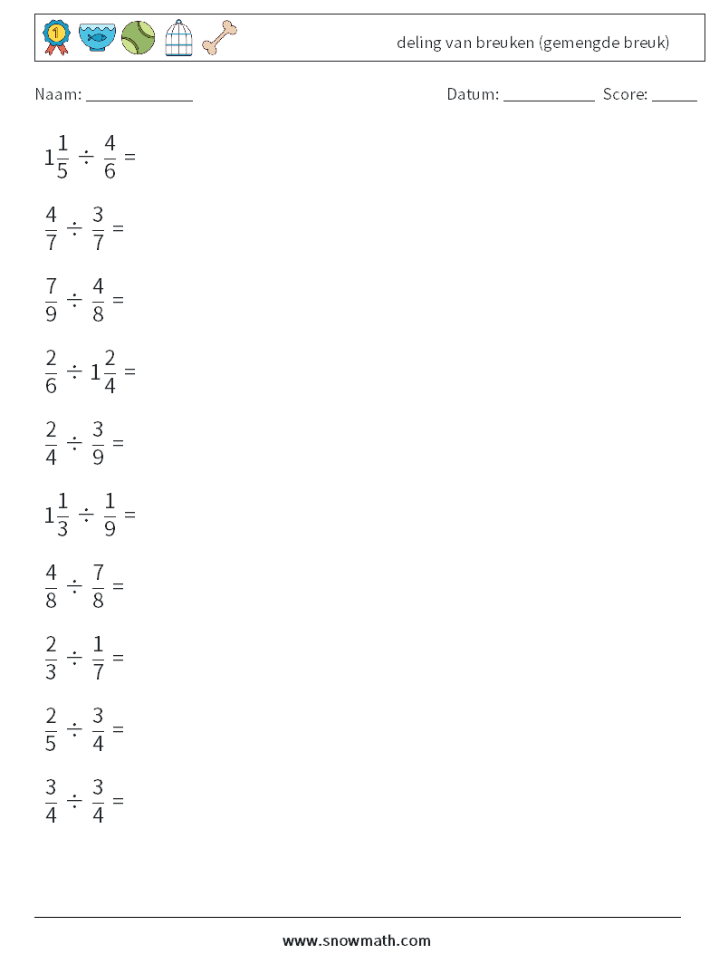 (10) deling van breuken (gemengde breuk) Wiskundige werkbladen 18