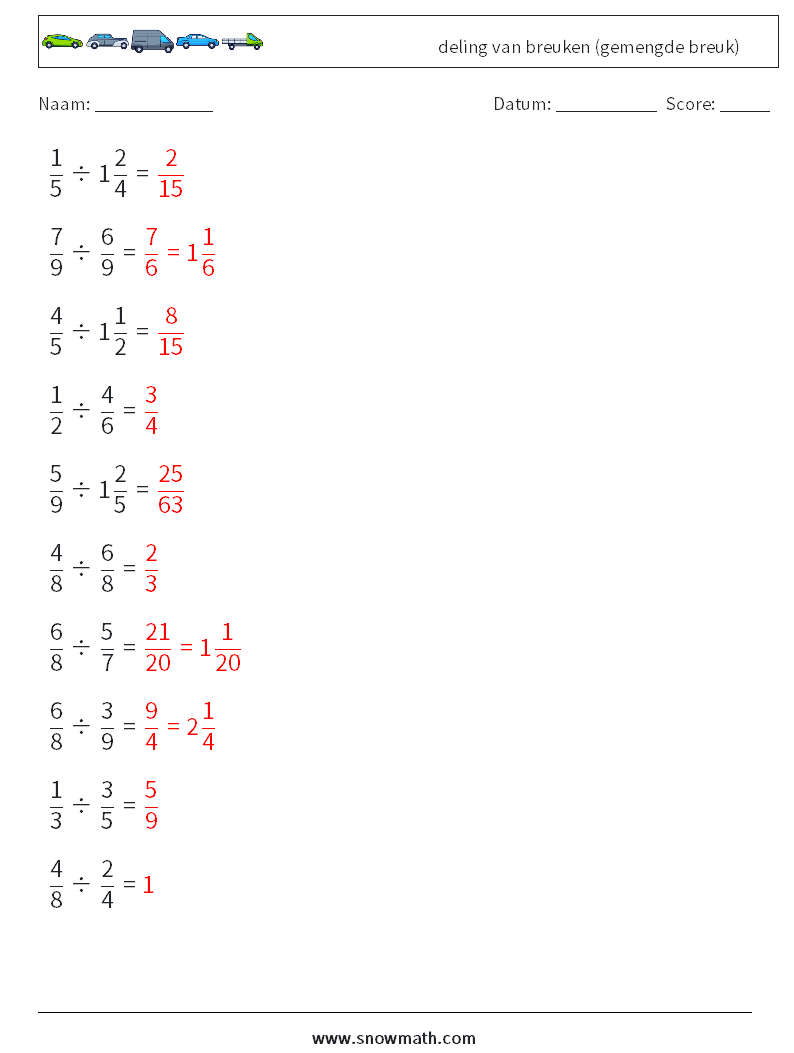(10) deling van breuken (gemengde breuk) Wiskundige werkbladen 1 Vraag, Antwoord