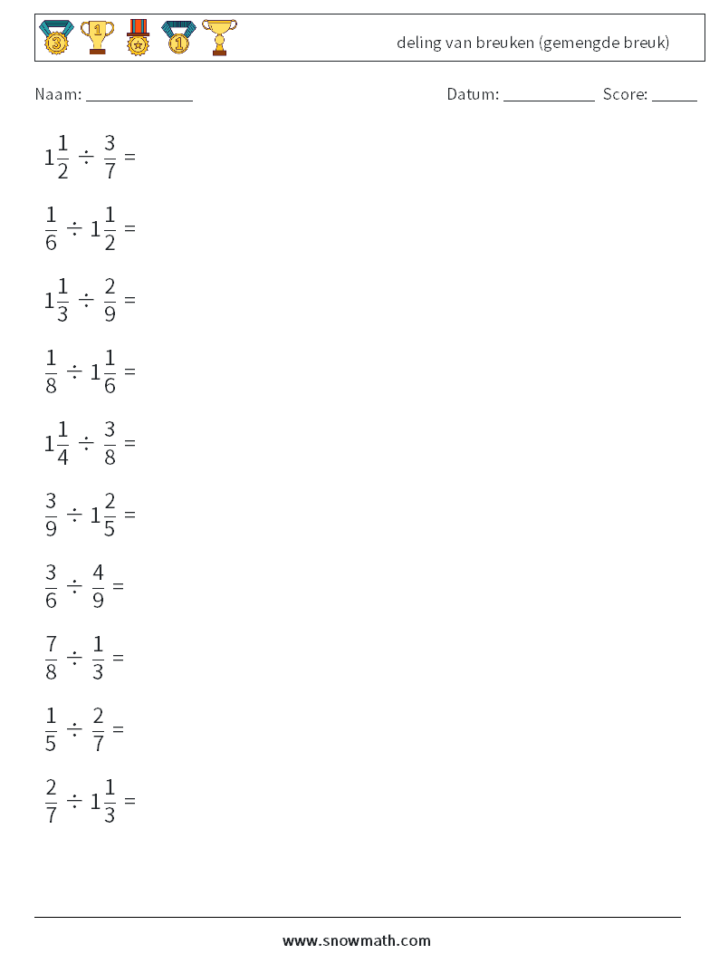 (10) deling van breuken (gemengde breuk) Wiskundige werkbladen 2