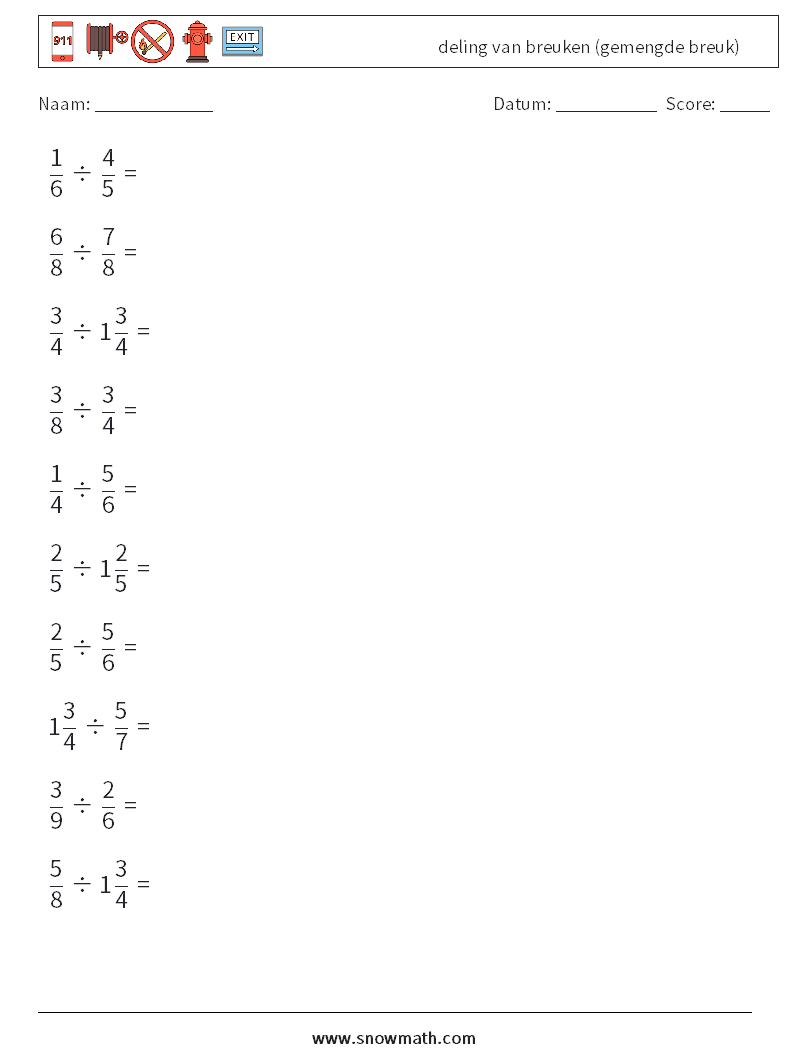(10) deling van breuken (gemengde breuk) Wiskundige werkbladen 4