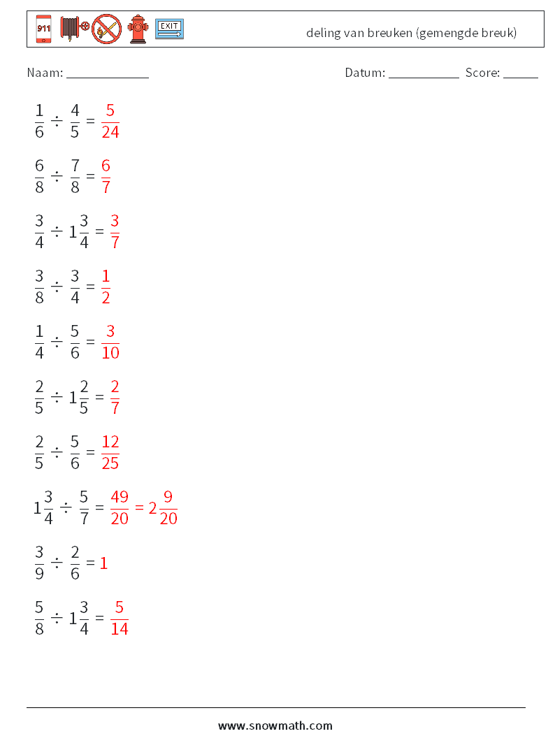 (10) deling van breuken (gemengde breuk) Wiskundige werkbladen 4 Vraag, Antwoord