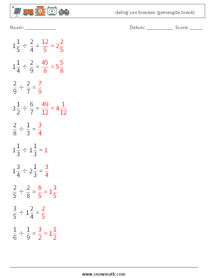 (10) deling van breuken (gemengde breuk) Wiskundige werkbladen 5 Vraag, Antwoord
