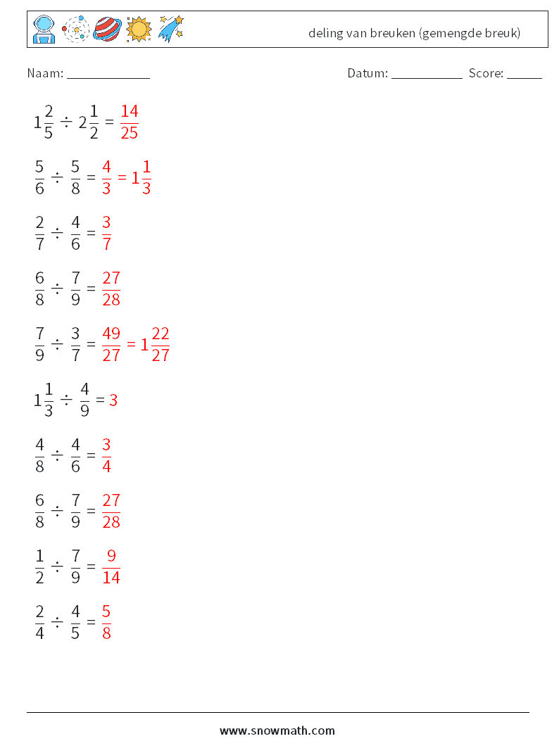 (10) deling van breuken (gemengde breuk) Wiskundige werkbladen 7 Vraag, Antwoord