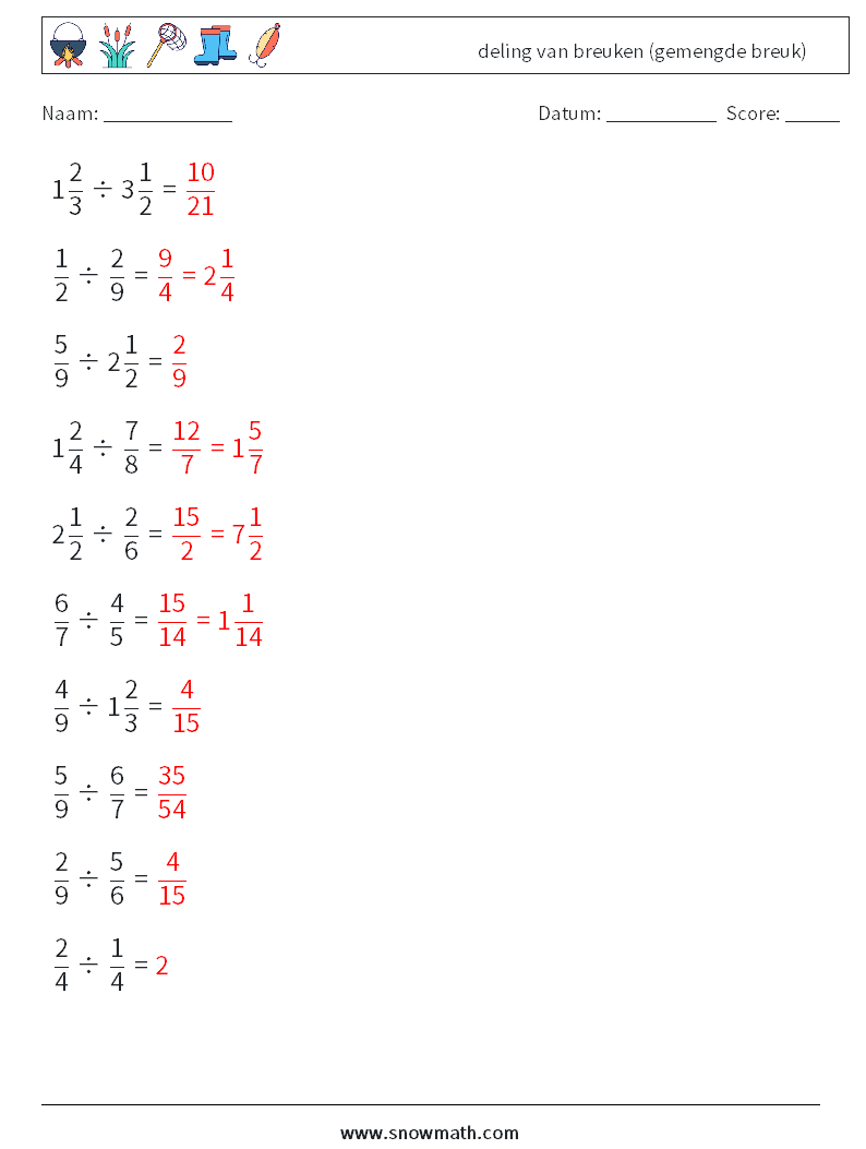 (10) deling van breuken (gemengde breuk) Wiskundige werkbladen 8 Vraag, Antwoord