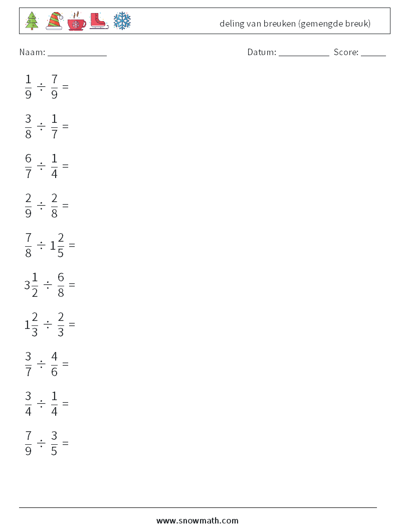 (10) deling van breuken (gemengde breuk) Wiskundige werkbladen 9