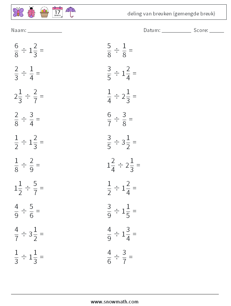 (20) deling van breuken (gemengde breuk) Wiskundige werkbladen 10