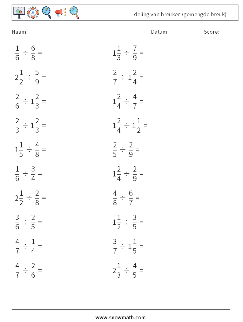 (20) deling van breuken (gemengde breuk) Wiskundige werkbladen 11