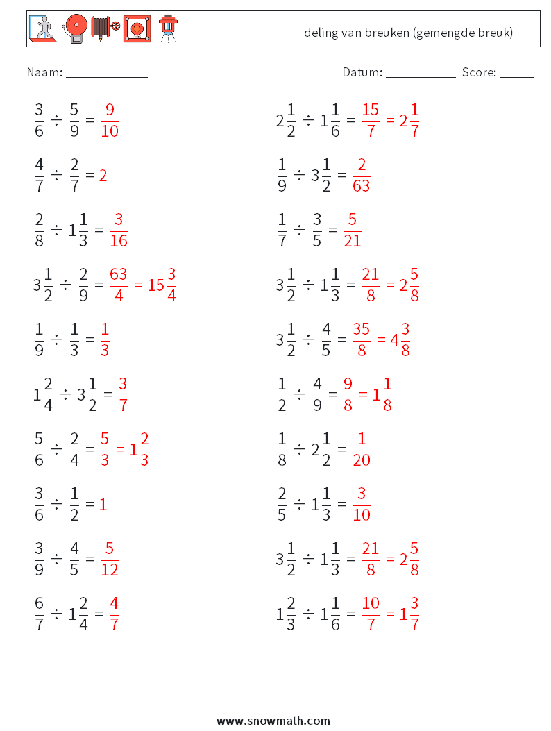 (20) deling van breuken (gemengde breuk) Wiskundige werkbladen 13 Vraag, Antwoord