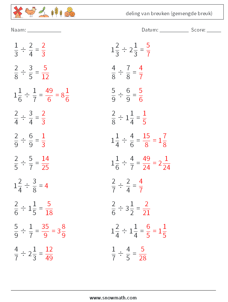 (20) deling van breuken (gemengde breuk) Wiskundige werkbladen 14 Vraag, Antwoord