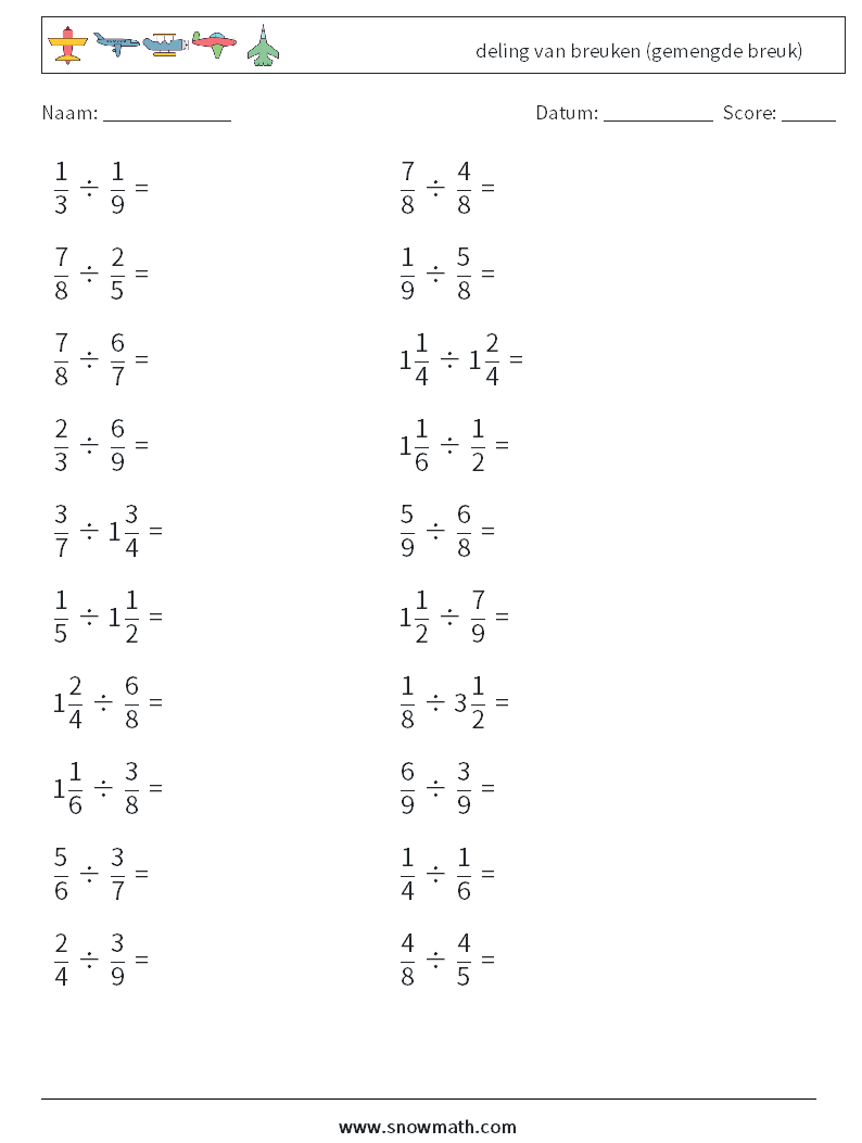 (20) deling van breuken (gemengde breuk) Wiskundige werkbladen 15