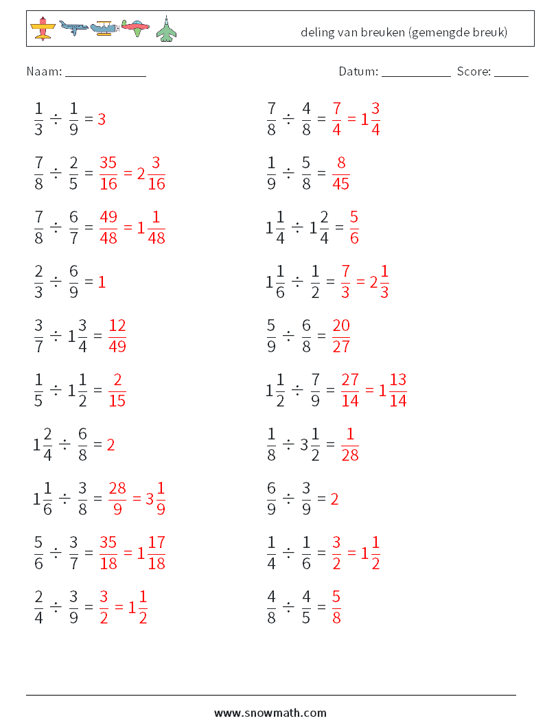 (20) deling van breuken (gemengde breuk) Wiskundige werkbladen 15 Vraag, Antwoord
