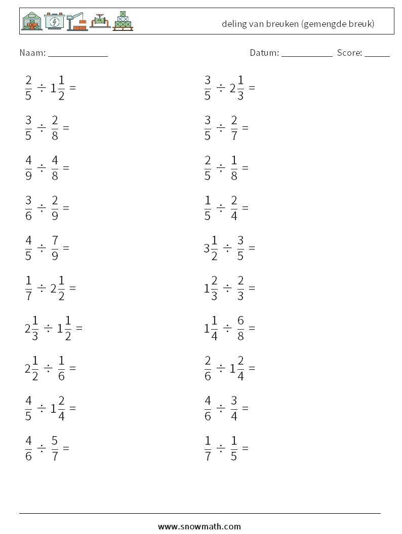 (20) deling van breuken (gemengde breuk) Wiskundige werkbladen 16