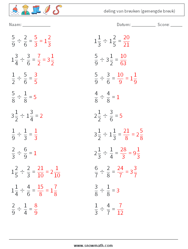 (20) deling van breuken (gemengde breuk) Wiskundige werkbladen 1 Vraag, Antwoord