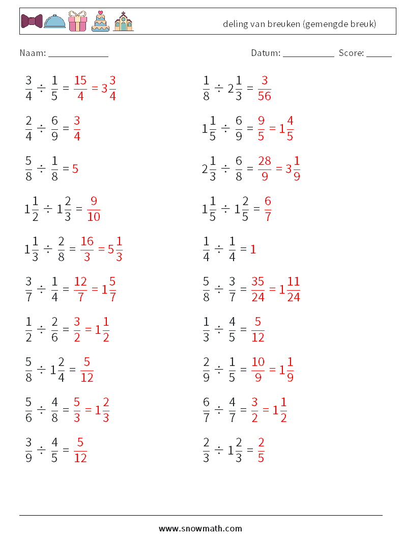 (20) deling van breuken (gemengde breuk) Wiskundige werkbladen 2 Vraag, Antwoord