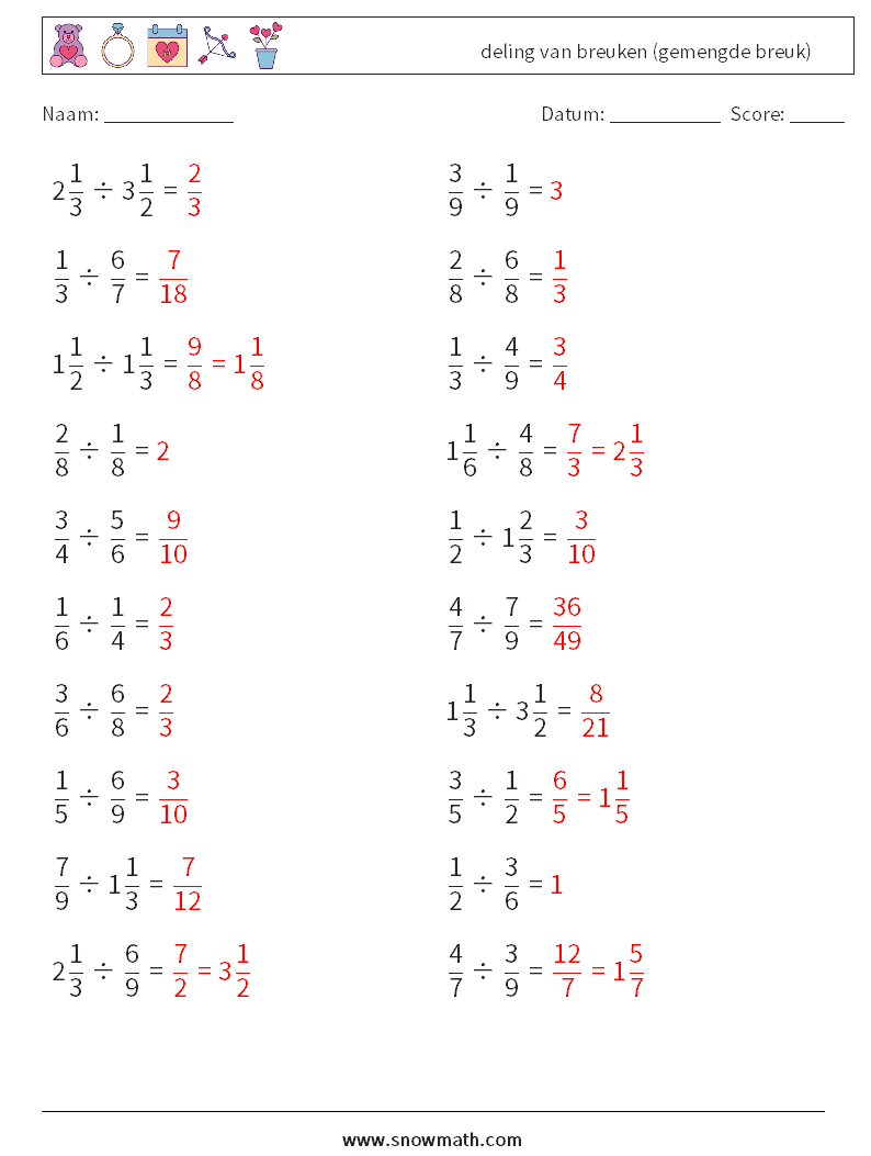 (20) deling van breuken (gemengde breuk) Wiskundige werkbladen 3 Vraag, Antwoord