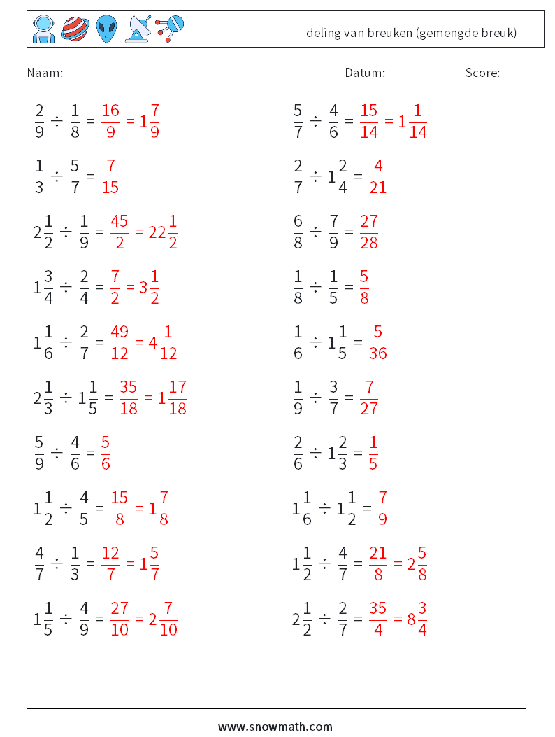 (20) deling van breuken (gemengde breuk) Wiskundige werkbladen 4 Vraag, Antwoord