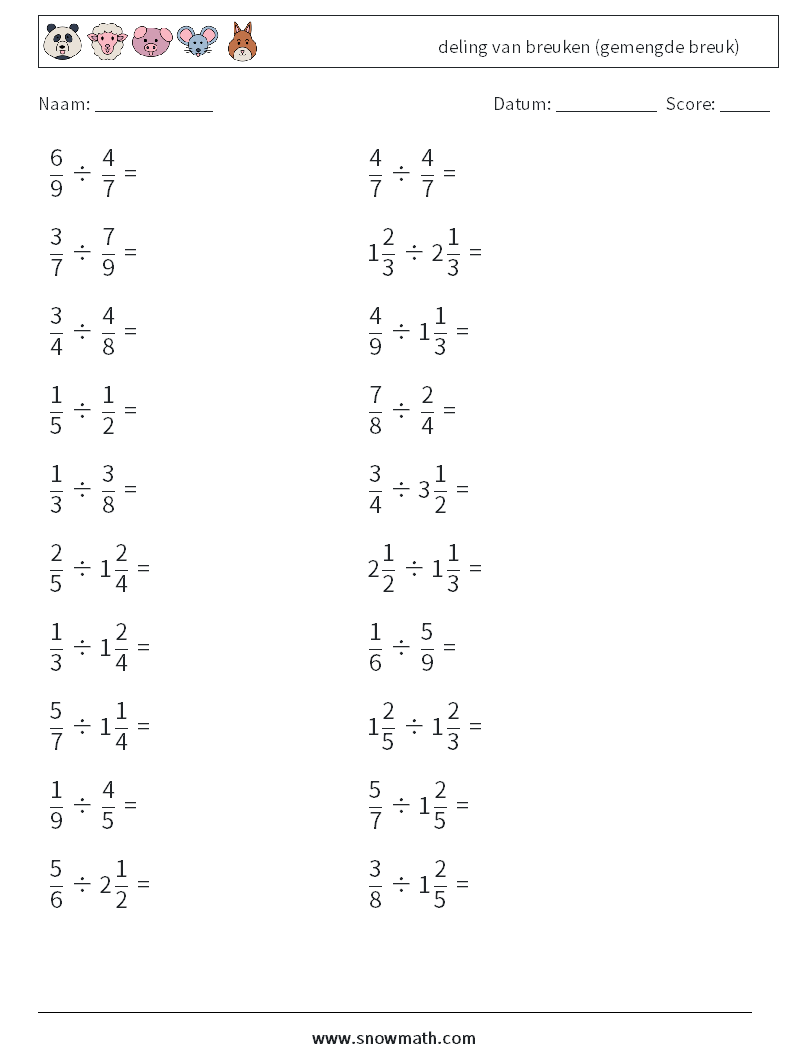 (20) deling van breuken (gemengde breuk) Wiskundige werkbladen 5