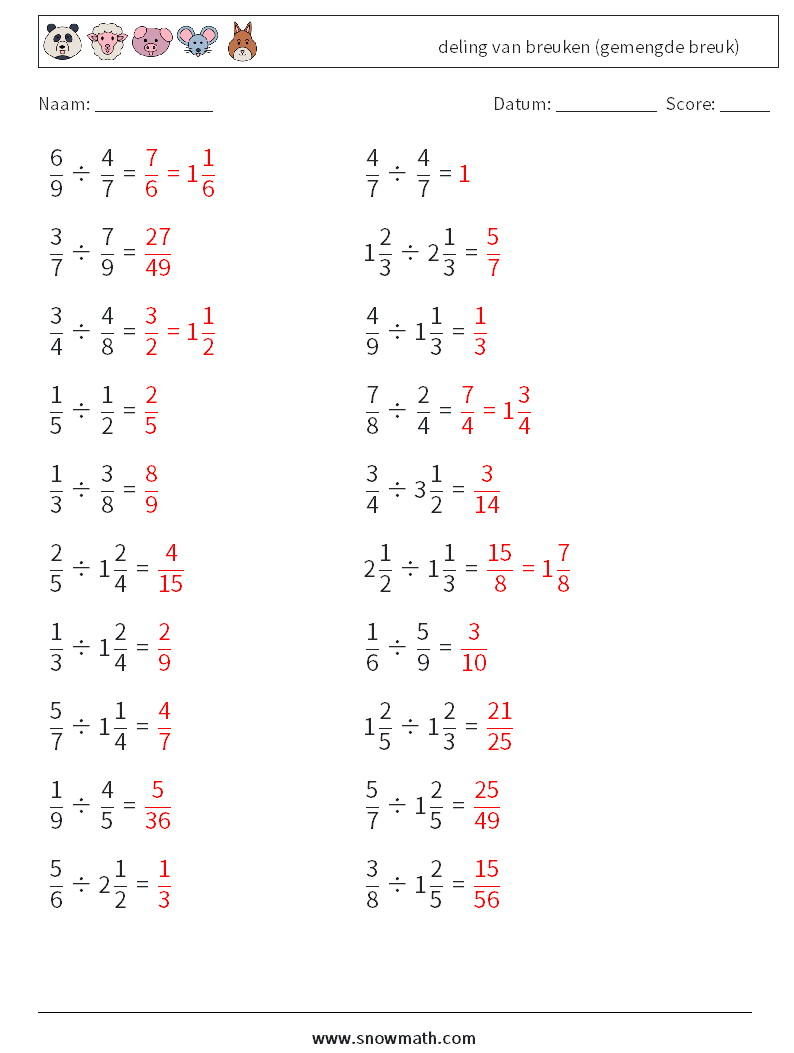 (20) deling van breuken (gemengde breuk) Wiskundige werkbladen 5 Vraag, Antwoord