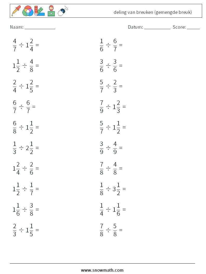 (20) deling van breuken (gemengde breuk) Wiskundige werkbladen 6