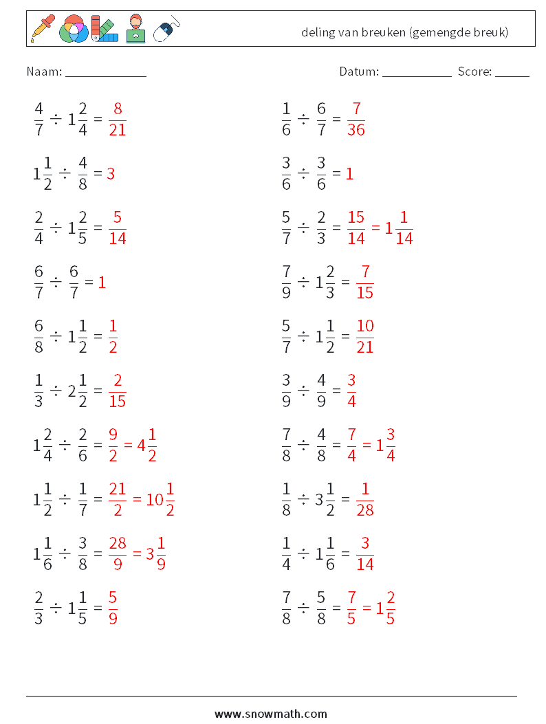 (20) deling van breuken (gemengde breuk) Wiskundige werkbladen 6 Vraag, Antwoord