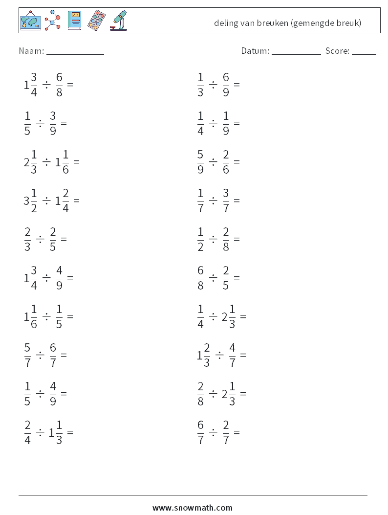 (20) deling van breuken (gemengde breuk) Wiskundige werkbladen 7