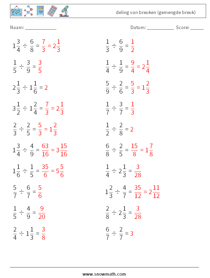 (20) deling van breuken (gemengde breuk) Wiskundige werkbladen 7 Vraag, Antwoord