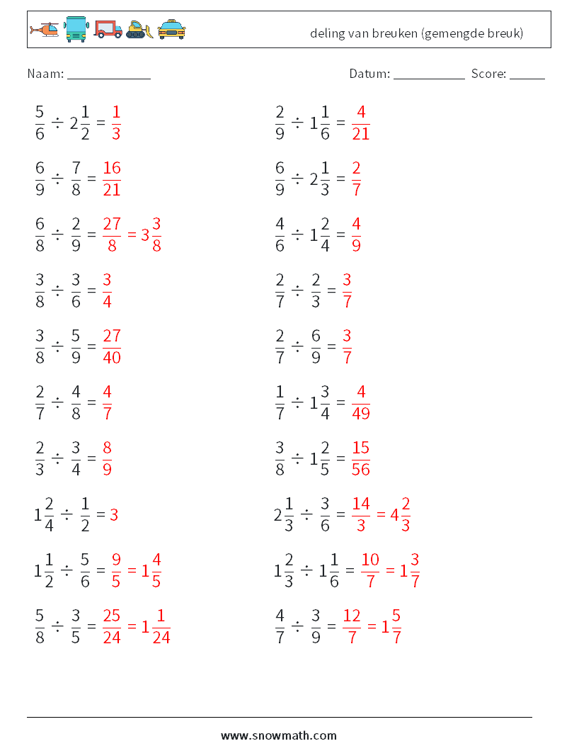 (20) deling van breuken (gemengde breuk) Wiskundige werkbladen 8 Vraag, Antwoord