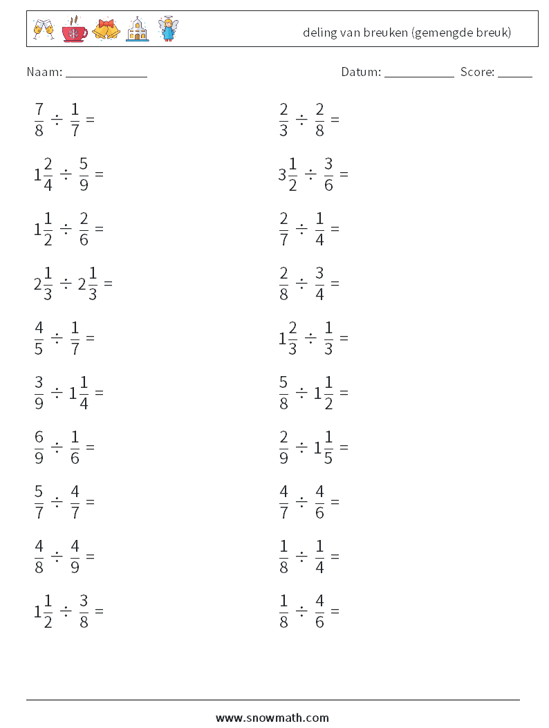 (20) deling van breuken (gemengde breuk) Wiskundige werkbladen 9
