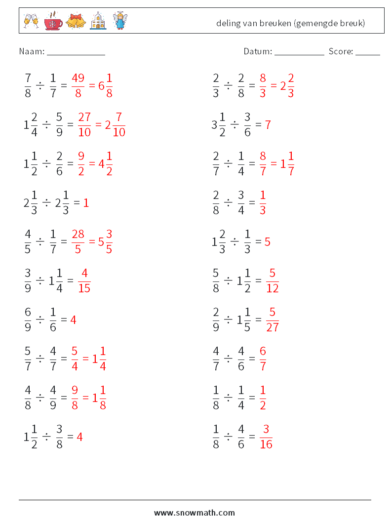 (20) deling van breuken (gemengde breuk) Wiskundige werkbladen 9 Vraag, Antwoord