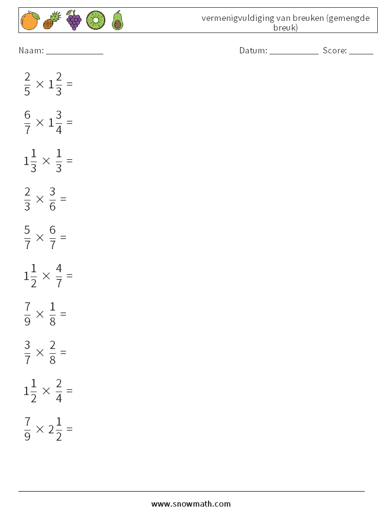 (10) vermenigvuldiging van breuken (gemengde breuk) Wiskundige werkbladen 10