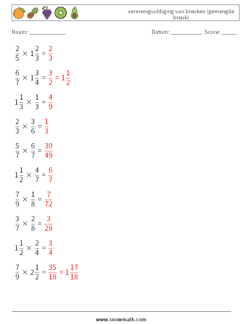 (10) vermenigvuldiging van breuken (gemengde breuk) Wiskundige werkbladen 10 Vraag, Antwoord