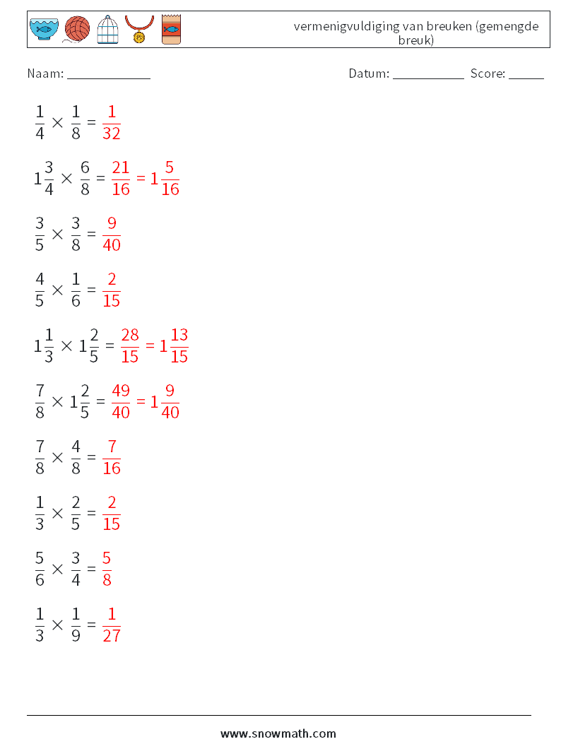 (10) vermenigvuldiging van breuken (gemengde breuk) Wiskundige werkbladen 11 Vraag, Antwoord