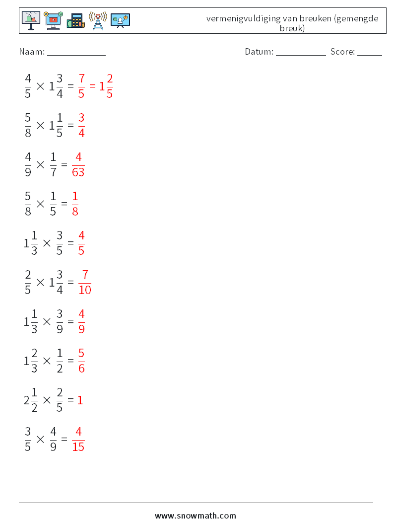 (10) vermenigvuldiging van breuken (gemengde breuk) Wiskundige werkbladen 12 Vraag, Antwoord