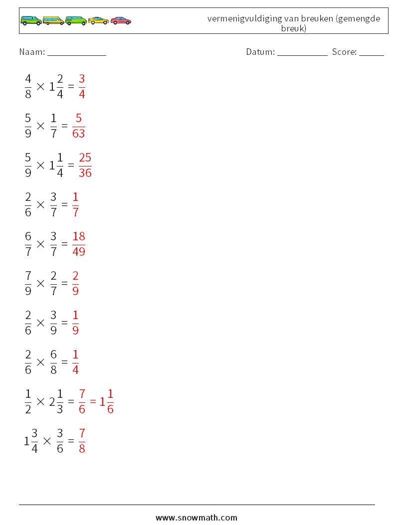 (10) vermenigvuldiging van breuken (gemengde breuk) Wiskundige werkbladen 14 Vraag, Antwoord