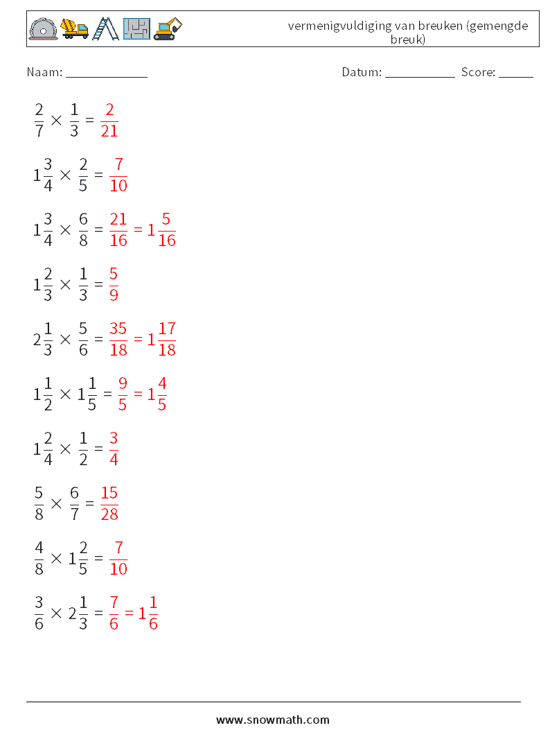 (10) vermenigvuldiging van breuken (gemengde breuk) Wiskundige werkbladen 17 Vraag, Antwoord