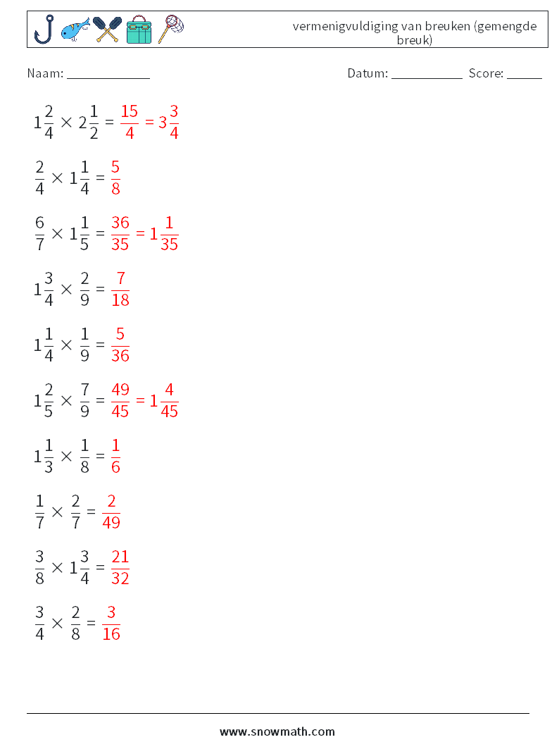 (10) vermenigvuldiging van breuken (gemengde breuk) Wiskundige werkbladen 18 Vraag, Antwoord